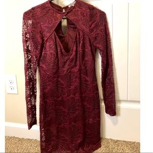 Sexy Maroon Laced Long Sleeve Fit Dress